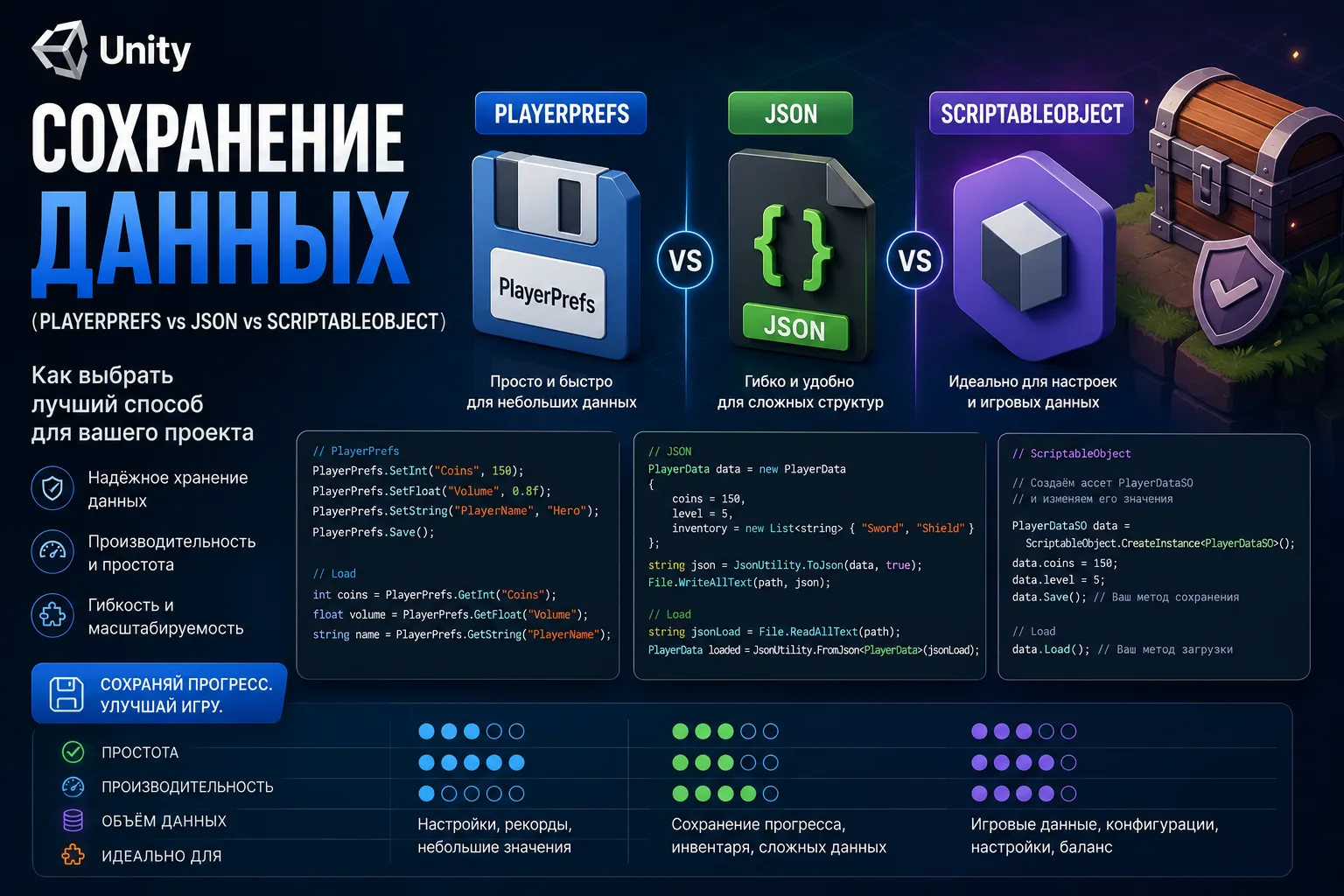 Сохранение данных в Unity: PlayerPrefs, JSON или ScriptableObject